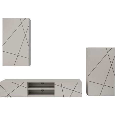 Ensemble meuble TV mural Geo 2 - Bois MDF cachemire - 250 x 180 x 45 cm - Livraison gratuite (1/5)