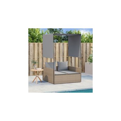 Chaise longue double avec toit et rideaux beige résine tressée (1/5)