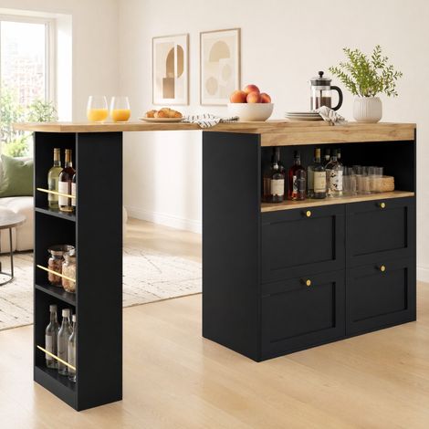 Mueble bar giratorio 360° con 4 cajones y estantes abiertos, negro, MDF HAVRYA (1/5)