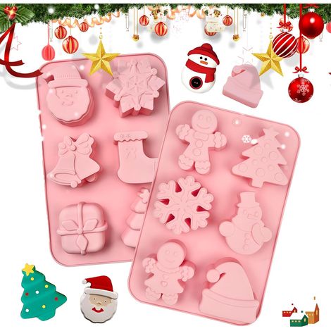 Juego de 2 moldes de silicona navideños - 12 elementos navideños - Para repostería navideña, pasteles, chocolate, pan de jengibre, fondant, gelatina, jabón (1/5)
