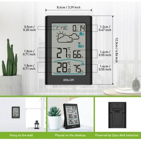 BALDR B0341 Drahtlose Wetterstation mit Uhr, HD-Display, 20-Sekunden-Hintergrundbeleuchtung und Außensensor, Schwarz (1/5)