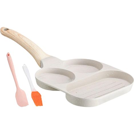 Padelle antiaderenti a 4 fori con manici in legno, ideali per uova da hamburger.