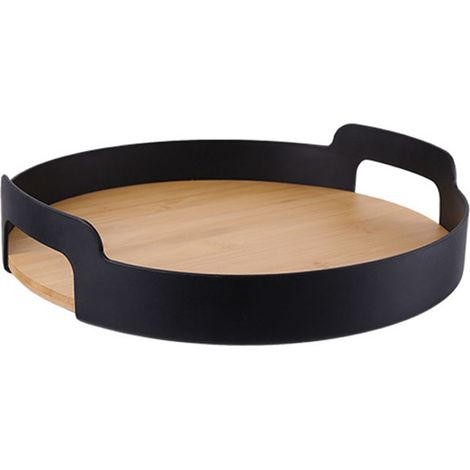 Plateau de service rotatif en bambou multifonction pour fruits et snacks, plateau décoratif avec poignées pour bureau noir (1/5)