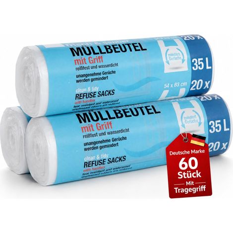 Lot de 3 x 20 sacs poubelle avec poignée/anse - 35 litres - Premiumline - Particulièrement résistants à la déchirure et imperméables - Dimensions : 54 x 63 cm. (1/5)