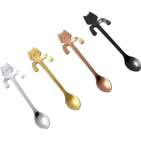 4-teiliges Katzenlöffel-Set für Kaffee und Tee, Edelstahl-Teelöffel zum Aufhängen, Mini-Langlöffel mit niedlichem Kätzchen-Rührlöffel – Yvan-11.8x3.2cm-Multicolor