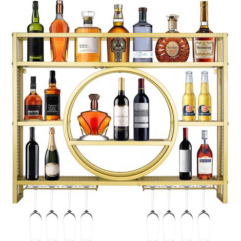 120cm 3 Niveaux Porte Bouteille Mural Acier Carbone Charge 50kg avec Garde-corps et Porte-Verres Casier à Vin en MéTal Pour Bar Maison Cuisine Et Salon 100x80x15cm (1/5)