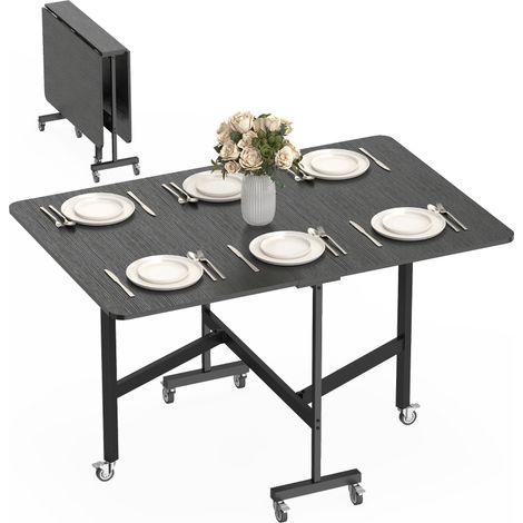 Table pliante de salle à manger/cuisine pour 4 à 6 personnes avec 6 roulettes, table mobile et pliable pour petits espaces, 120 x 80 x 73 cm, noire