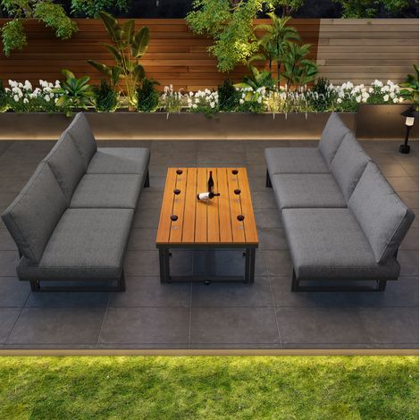 Conjunto de jardín de hierro galvanizado gris, 2 sofás con respaldo ajustable, mesa regulable y detalles en madera de acacia (1/5)