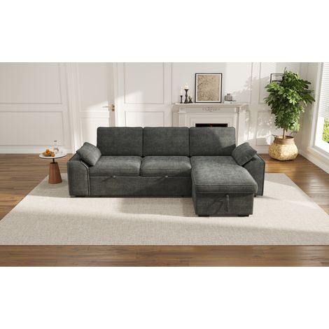 Canapé d'angle 3 places convertible avec rangement, tissu chenille gris foncé 237x141x86 cm (1/5)