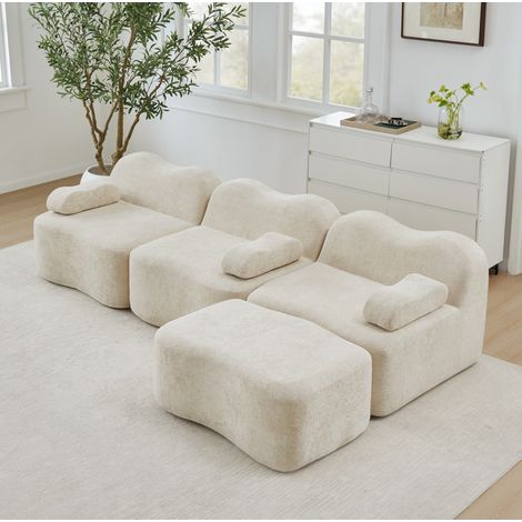 Divano angolare 3 posti modulare in velluto beige con pouf, senza telaio, seduta profonda (1/5)