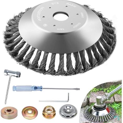 Tête de désherbage en fil d’acier Ø150 x 25,4 mm avec 7 accessoires, brosse ronde pour débroussailleuse, outil de coupe pour mauvaises herbes, herbe et végétation (1/5)