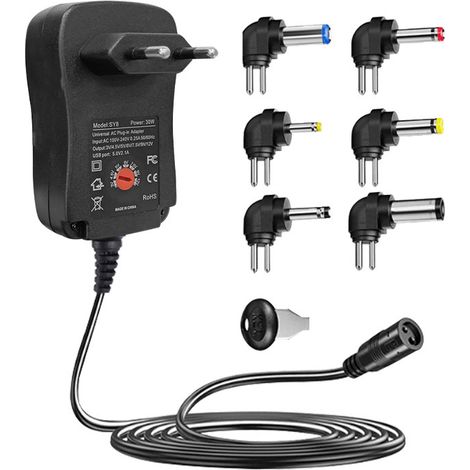 Adaptador de corriente ajustable - Adaptador de CA universal con alimentación USB - 3V / 4.5V / 5V / 6V / 7.5V / 9V / 12V - 6 enchufes - Dispositivos de 3V a 12V (1/5)