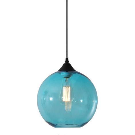 Lustre minimaliste en forme de boule de verre, style industriel rétro, E27, bar loft, 1 lampe, 25 cm de diamètre (bleu), lumière blanche. (1/5)