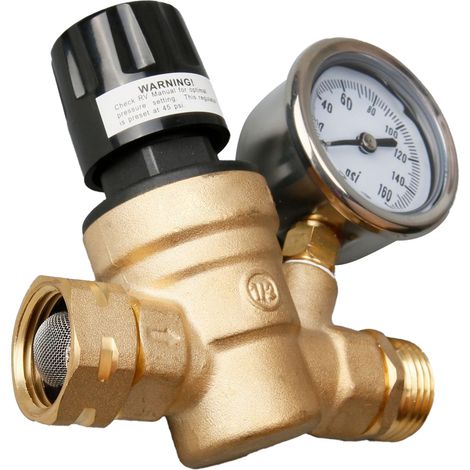 Régulateur de pression d'eau US 3/4 po NH, vanne de réduction de pression en laiton avec manomètre pour camping-car ou caravane (1/5)