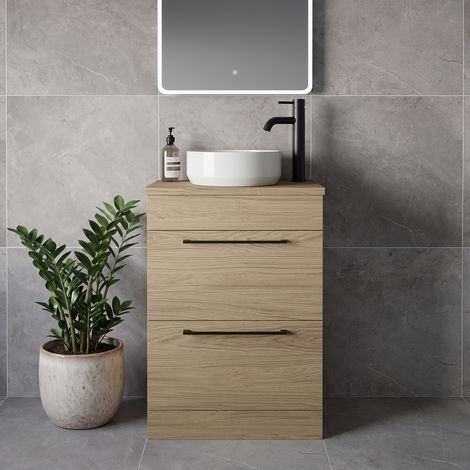 Napoli 390 Light Oak 600mm 2 Drawer Vanity Unit for Countertop Basins - 600mm - Matt Black 320mm Handle