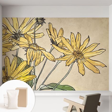 Papier peint avec colle pour décoration moderne de salon chambre à coucher cuisine et bureau Facile Fleurs à l'aquarelle 152x104 cm (1/5)