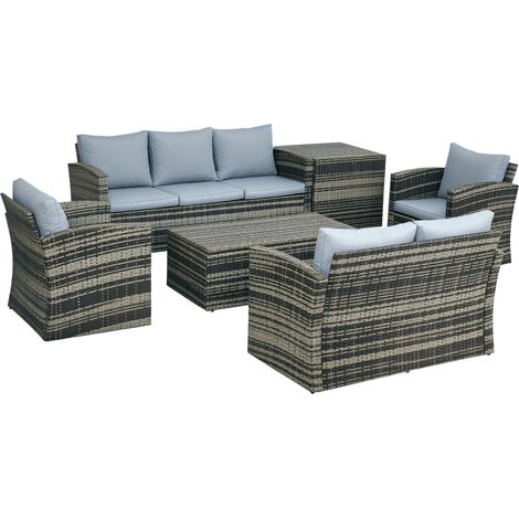 Set da Esterno 6 Pezzi con 2 Tavolini Contenitore, 2 Divani e 2 Poltrone, in Rattan e Acciaio, Grigio