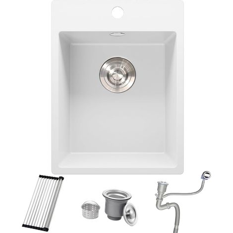 Evier Cuisine en Granit Blanc 38x50cm, Lavabo 1 bac, Évier à Encastrer Mueble 40cm, avec Bonde et Kit de Trop-Plein, Grille Enroulable et Siphon (1/5)