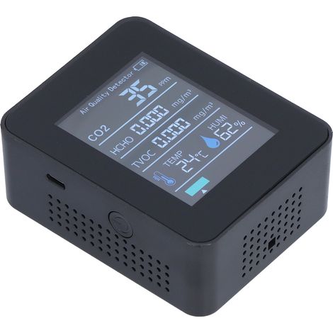 Moniteur de qualité de l'air avec affichage couleur intelligent en temps réel et système d'alarme clair. Détecteur de formaldéhyde portable pour bureau et maison (noir). (1/5)