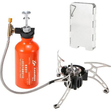 Réchaud à mazout multi-combustibles avec bouteille de combustible essence de 500 ml et pare-vent à 9 plaques, idéal pour le camping et les réchauds de cuisine portables. (1/4)