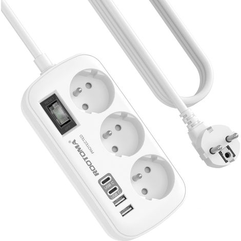 Multiprise 3 Prises avec 4 USB(2 USB-C), Multiprise Parafoudre et Surtension avec Interrupteur et Câble de 1,5 m, Fixation Murale pour Maison Bureau, Blanc 16A/4000W (1/5)