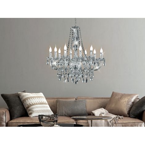 Großer Kronleuchter LÜSTER 10-flammig Silber Chrom mit Acryl Kristall, Ø 76cm