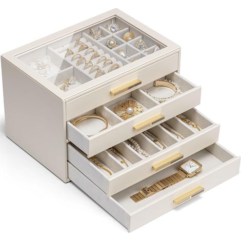 Boîte à bijoux Grande, Boîte à bijoux avec 4 niveaux, Organisateur de bijoux avec couvercle en verre, 4 tiroirs, pour colliers, boucles d'oreilles, montres, bracelets, rangement de bijoux