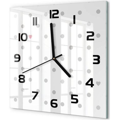 Horloge Murale Carrée Originale Verre Trempé Décoration Maison Moderne Pois et cœurs 30x30 cm (1/5)