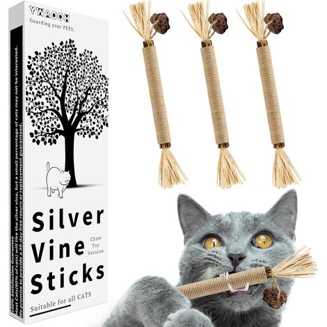 3 Pack Silvervine Sticks Cat Toys, 100% Natural Kitten Teething Chew Toys, Catnip Toys for Kittens & Cats, Cat Approved Gift, Protects Furniture