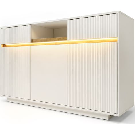 Aparador blanco con LED 140 x 40 x 85 cm, 2 cajones y 3 puertas, con estantes regulables, HOMVRA (1/5)