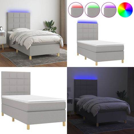 Letto a Molle Materasso e LED Grigio Chiaro 90x190 cm Tessuto - Materasso a molle - Letto con LED
