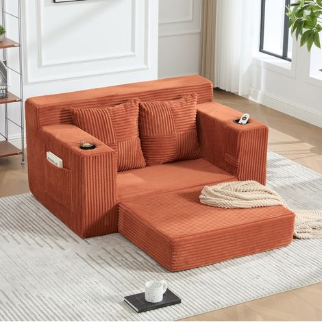 2-Sitzer-Sofa mit Pouf 151 x 133 x 64 cm aus orangefarbenem Cord – MEUBLIV (1/5)