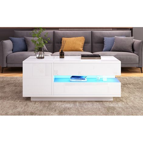Table basse relevable 955034.5 cm, table de salon, table d’appoint et table à café avec 1 tiroir, 1 meuble, table de salon avec LED, table à thé brillante avec rangement caché et semi-ouvert, blanc (1/4)