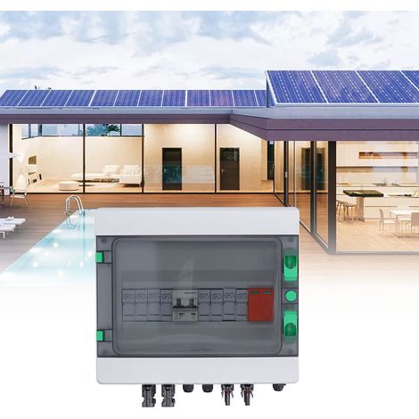Boîtier de raccordement photovoltaïque DC 500 V avec 4 chaînes de fusibles 15 A, un disjoncteur parafoudre 63 A et un connecteur solaire. Étanchéité IP65, compatible avec les systèmes photovoltaïques (1/5)