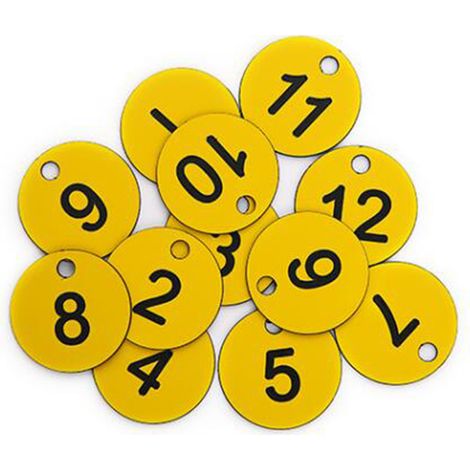 Paneles numerados grabados (del 1 al 100, amarillos), sin llaveros, adecuados para sectores como la hostelería. (1/5)
