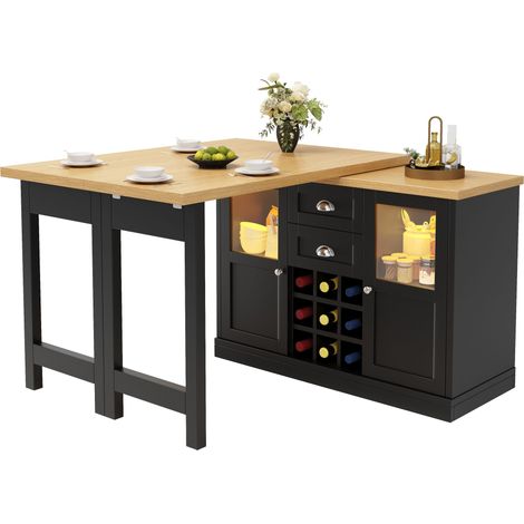 Table à manger extensible noire 120-197cm, table pivotante à 360 degrés avec rangement et casier à vin (1/5)