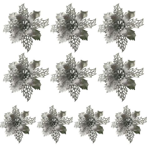 Lot de 10 décorations de Noël argentées à paillettes, en forme de feuilles de houx et de poinsettias artificiels, pour sapin (15 cm de diamètre), couronne de Noël, guirlande, cadeau floral, décoration (1/5)