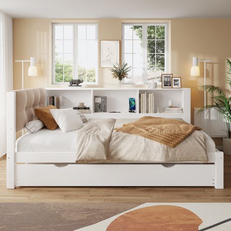 Cama nido individual moderna de pino blanco 90x200 cm con cama extraíble, estantería lateral, USB y LED regulable