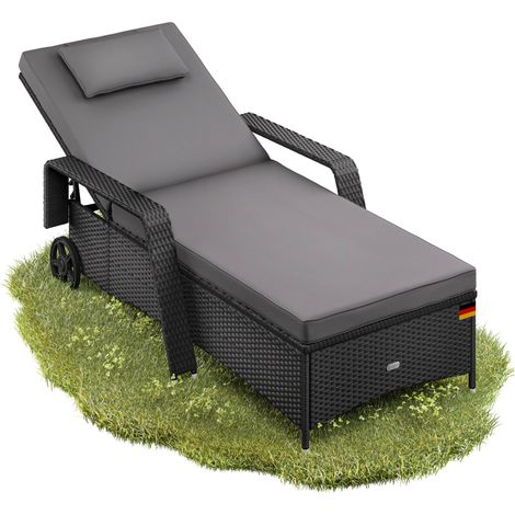 Casaria® Chaise longue en polyrotin avec coussin 7cm 2 roulettes Max 160kg Dossier réglable Bain de soleil jardin terrasse Noir Anthracite (1/5)