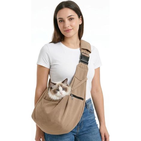 1 - Sac de transport pour chien - Sac bandoulière chat - Respirant avec crochet de sécurité - Pour promenades et vétérinaire - Kaki - 40x30x25cm (1/5)