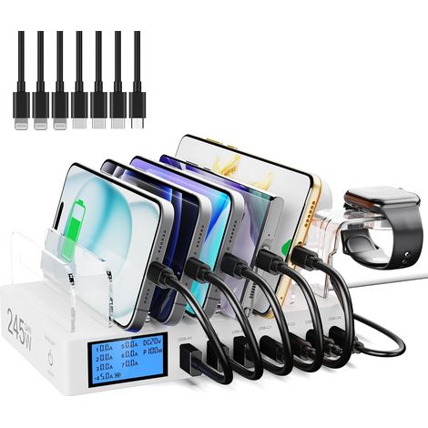 Station de Charge USB pour Plusieurs Appareils, 7-Port USB Multi Charge 245W avec 7 Câbles, Station Chargement avec écran LCD, Compatible avec Téléphones, Tablettes et Autres appareils - Blanc (1/5)