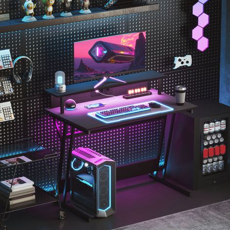 Noir - Bureau de jeu avec lumières LED et support moniteur, compatible écran 32 pouces, ports USB TYPE C, pour maison et bureau, 100x60 cm