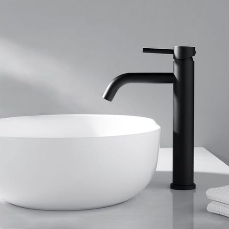 Robinet de lavabo haut, mitigeur thermostatique, eau chaude et froide, noir mat, avec tuyau d'arrivée d'eau (1/4)