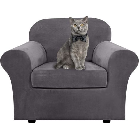 Soft and stretchy velvet sofa cover with separate cushion covers for 1, 2, 3 seater sofas with anti-slip strap for living room, bedroom (grey, 1 seater) (1/5)