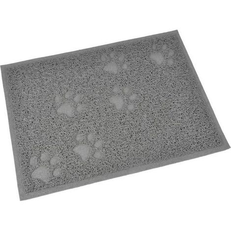 1 tapis de litière PVC, rectangulaire 30x40 cm, gris avec motif pattes, pour chat