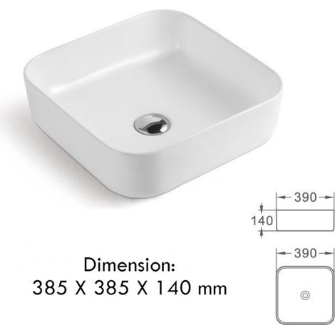 Vasque à poser en céramique lavabo perçage forme rectangle Blanc avec Bonde Siphon 385x385x140mm (1/5)