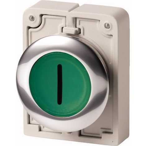 Bouton poussoir lumineux 30mm flush à accrochage vert avec inscription EATON M30C-FDRL-G-X1