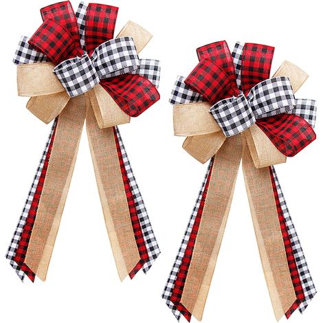 große Schleifen aus kariertem Jute-Stoff, 13" x 30", Weihnachtsschleifen im Landhausstil, Christbaumschmuck, Girlande, Baumspitze, Tür, Bauernhof, Herbst, Hochzeit, Party (kariert und Jute) (1/5)