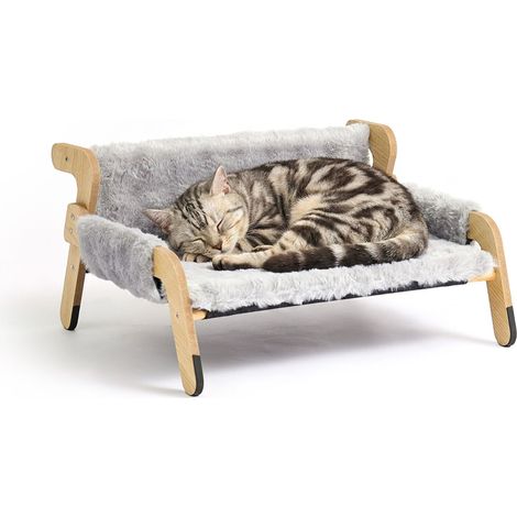 Relaxdays Fluffy Standing Cat Bed, Raised Hammock, HxWxD: 28.5x53x45.5 cm, Pine, Grey/Natural (1/5)