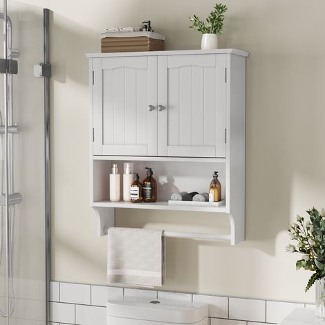 Armoire de salle de bain murale avec porte-serviettes, 56,8 x 19 x 70 cm, MDF blanc, OKWISH (1/5)